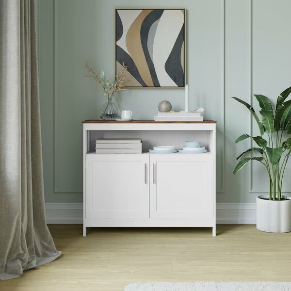 Mayfield 40in. Buffet and Sideboard w/Dbl Door Storage Cabinet and Open Storage Shelf, Wht w/Walnut, Flash Furniture, Mfr#: NAN-F-HY-B23108-WHWAL-GG